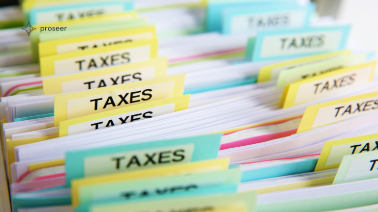 Colorful file folders and documents with tabs labeled TAXES and the Proseer logo.